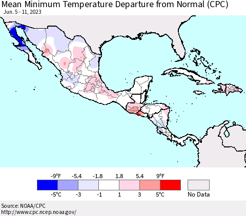 Mexico Central America and the Caribbean Mean Minimum Temperature Departure from Normal (CPC) Thematic Map For 6/5/2023 - 6/11/2023