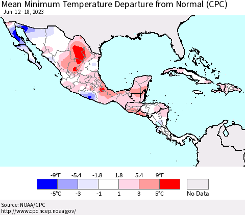 Mexico Central America and the Caribbean Mean Minimum Temperature Departure from Normal (CPC) Thematic Map For 6/12/2023 - 6/18/2023