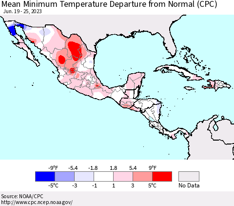 Mexico Central America and the Caribbean Mean Minimum Temperature Departure from Normal (CPC) Thematic Map For 6/19/2023 - 6/25/2023