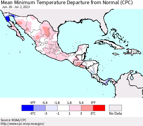Mexico Central America and the Caribbean Mean Minimum Temperature Departure from Normal (CPC) Thematic Map For 6/26/2023 - 7/2/2023