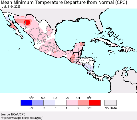 Mexico Central America and the Caribbean Mean Minimum Temperature Departure from Normal (CPC) Thematic Map For 7/3/2023 - 7/9/2023