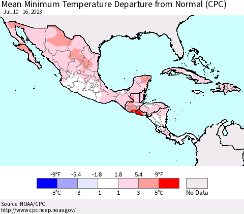 Mexico Central America and the Caribbean Mean Minimum Temperature Departure from Normal (CPC) Thematic Map For 7/10/2023 - 7/16/2023