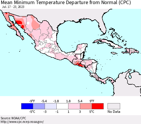 Mexico Central America and the Caribbean Mean Minimum Temperature Departure from Normal (CPC) Thematic Map For 7/17/2023 - 7/23/2023