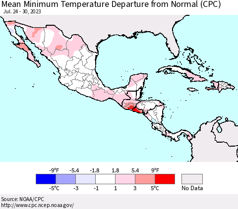 Mexico Central America and the Caribbean Mean Minimum Temperature Departure from Normal (CPC) Thematic Map For 7/24/2023 - 7/30/2023