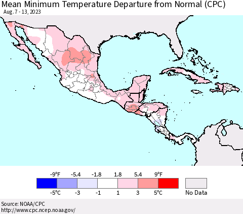 Mexico Central America and the Caribbean Mean Minimum Temperature Departure from Normal (CPC) Thematic Map For 8/7/2023 - 8/13/2023