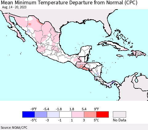 Mexico Central America and the Caribbean Mean Minimum Temperature Departure from Normal (CPC) Thematic Map For 8/14/2023 - 8/20/2023