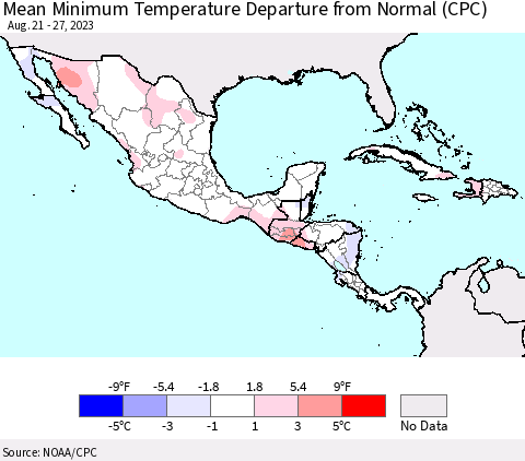 Mexico Central America and the Caribbean Mean Minimum Temperature Departure from Normal (CPC) Thematic Map For 8/21/2023 - 8/27/2023
