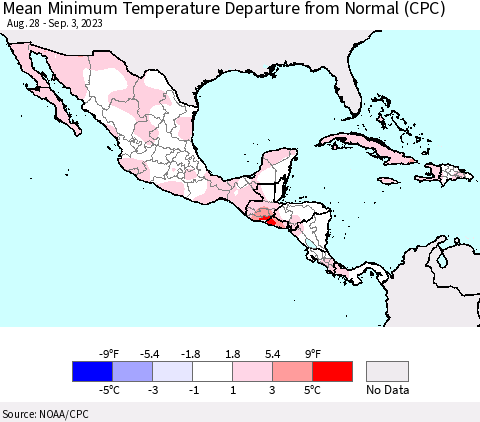 Mexico Central America and the Caribbean Mean Minimum Temperature Departure from Normal (CPC) Thematic Map For 8/28/2023 - 9/3/2023