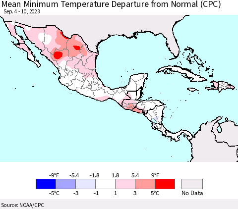Mexico Central America and the Caribbean Mean Minimum Temperature Departure from Normal (CPC) Thematic Map For 9/4/2023 - 9/10/2023