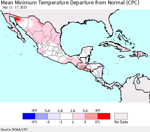 Mexico Central America and the Caribbean Mean Minimum Temperature Departure from Normal (CPC) Thematic Map For 9/11/2023 - 9/17/2023