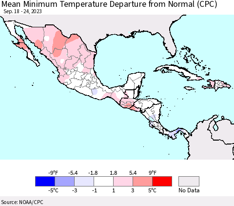 Mexico Central America and the Caribbean Mean Minimum Temperature Departure from Normal (CPC) Thematic Map For 9/18/2023 - 9/24/2023