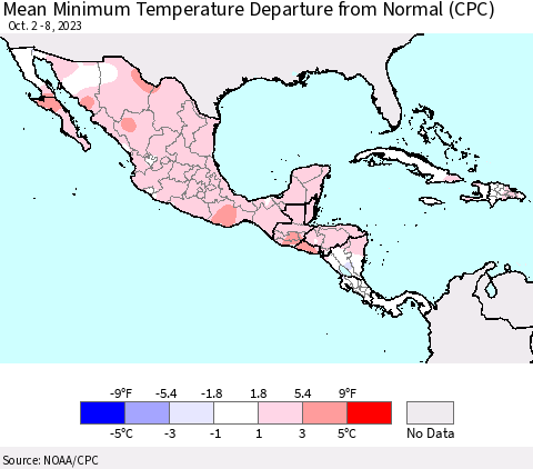 Mexico Central America and the Caribbean Mean Minimum Temperature Departure from Normal (CPC) Thematic Map For 10/2/2023 - 10/8/2023