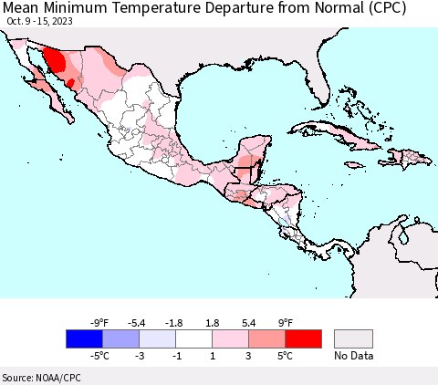 Mexico Central America and the Caribbean Mean Minimum Temperature Departure from Normal (CPC) Thematic Map For 10/9/2023 - 10/15/2023