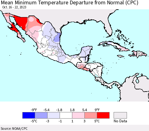 Mexico Central America and the Caribbean Mean Minimum Temperature Departure from Normal (CPC) Thematic Map For 10/16/2023 - 10/22/2023
