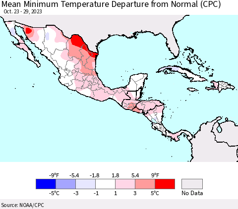 Mexico Central America and the Caribbean Mean Minimum Temperature Departure from Normal (CPC) Thematic Map For 10/23/2023 - 10/29/2023