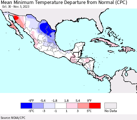 Mexico Central America and the Caribbean Mean Minimum Temperature Departure from Normal (CPC) Thematic Map For 10/30/2023 - 11/5/2023
