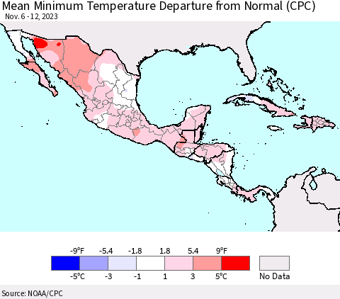 Mexico Central America and the Caribbean Mean Minimum Temperature Departure from Normal (CPC) Thematic Map For 11/6/2023 - 11/12/2023