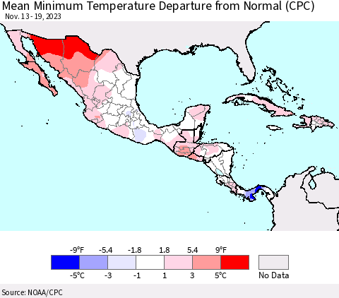 Mexico Central America and the Caribbean Mean Minimum Temperature Departure from Normal (CPC) Thematic Map For 11/13/2023 - 11/19/2023