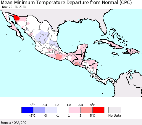 Mexico Central America and the Caribbean Mean Minimum Temperature Departure from Normal (CPC) Thematic Map For 11/20/2023 - 11/26/2023