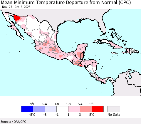 Mexico Central America and the Caribbean Mean Minimum Temperature Departure from Normal (CPC) Thematic Map For 11/27/2023 - 12/3/2023