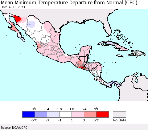 Mexico Central America and the Caribbean Mean Minimum Temperature Departure from Normal (CPC) Thematic Map For 12/4/2023 - 12/10/2023