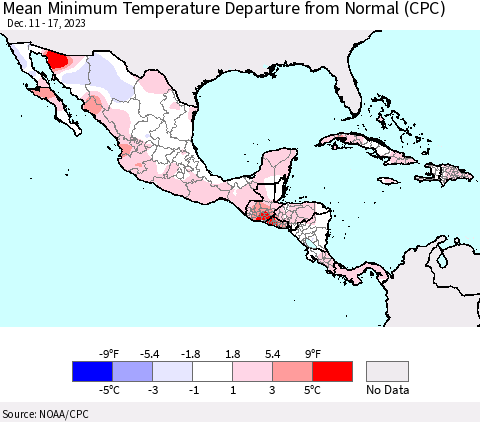 Mexico Central America and the Caribbean Mean Minimum Temperature Departure from Normal (CPC) Thematic Map For 12/11/2023 - 12/17/2023