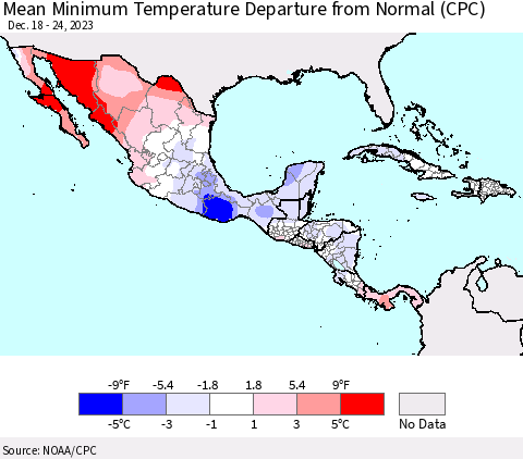 Mexico Central America and the Caribbean Mean Minimum Temperature Departure from Normal (CPC) Thematic Map For 12/18/2023 - 12/24/2023