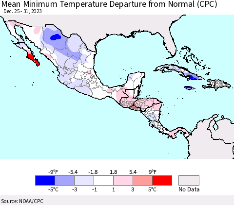 Mexico Central America and the Caribbean Mean Minimum Temperature Departure from Normal (CPC) Thematic Map For 12/25/2023 - 12/31/2023