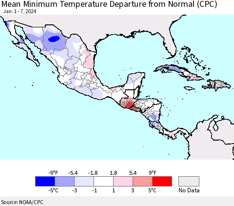 Mexico Central America and the Caribbean Mean Minimum Temperature Departure from Normal (CPC) Thematic Map For 1/1/2024 - 1/7/2024