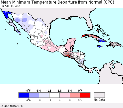 Mexico Central America and the Caribbean Mean Minimum Temperature Departure from Normal (CPC) Thematic Map For 1/8/2024 - 1/14/2024