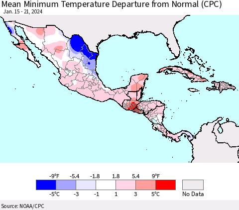 Mexico Central America and the Caribbean Mean Minimum Temperature Departure from Normal (CPC) Thematic Map For 1/15/2024 - 1/21/2024