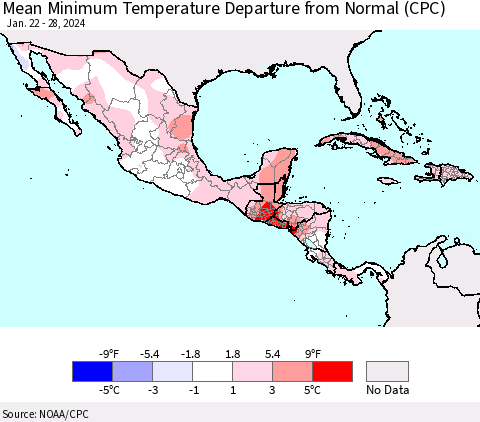 Mexico Central America and the Caribbean Mean Minimum Temperature Departure from Normal (CPC) Thematic Map For 1/22/2024 - 1/28/2024