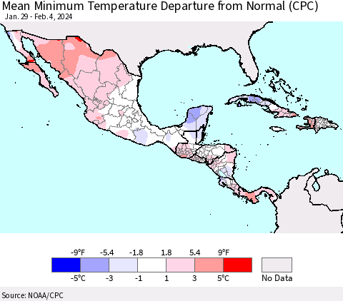 Mexico Central America and the Caribbean Mean Minimum Temperature Departure from Normal (CPC) Thematic Map For 1/29/2024 - 2/4/2024