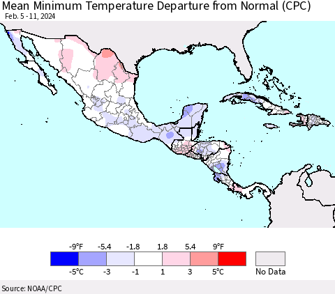 Mexico Central America and the Caribbean Mean Minimum Temperature Departure from Normal (CPC) Thematic Map For 2/5/2024 - 2/11/2024