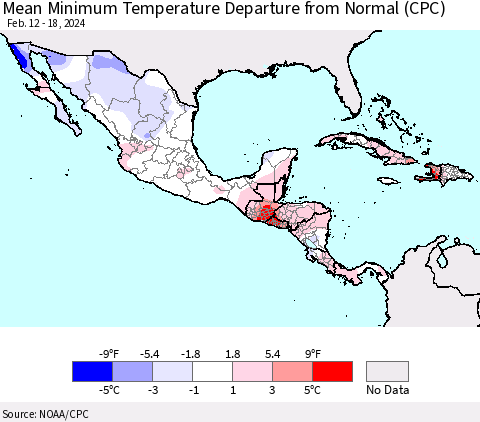 Mexico Central America and the Caribbean Mean Minimum Temperature Departure from Normal (CPC) Thematic Map For 2/12/2024 - 2/18/2024
