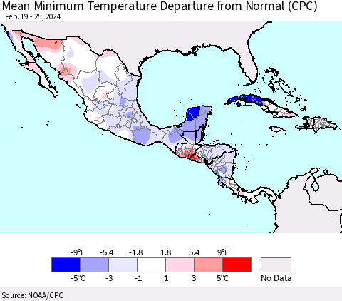 Mexico Central America and the Caribbean Mean Minimum Temperature Departure from Normal (CPC) Thematic Map For 2/19/2024 - 2/25/2024