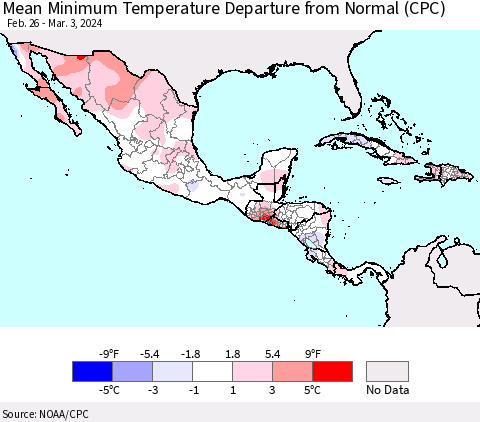 Mexico Central America and the Caribbean Mean Minimum Temperature Departure from Normal (CPC) Thematic Map For 2/26/2024 - 3/3/2024