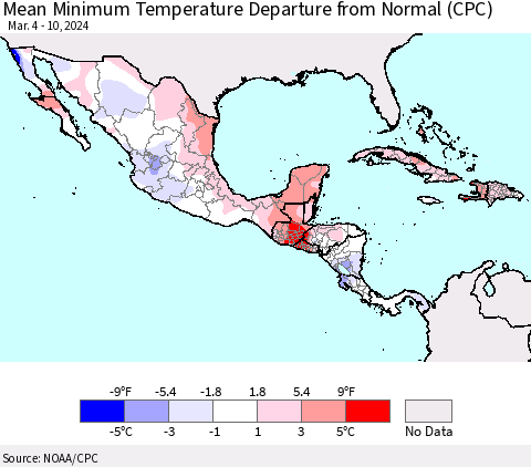 Mexico Central America and the Caribbean Mean Minimum Temperature Departure from Normal (CPC) Thematic Map For 3/4/2024 - 3/10/2024