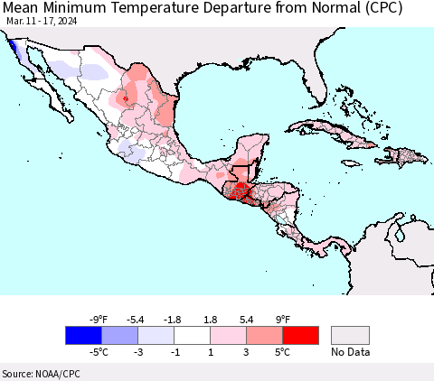 Mexico Central America and the Caribbean Mean Minimum Temperature Departure from Normal (CPC) Thematic Map For 3/11/2024 - 3/17/2024