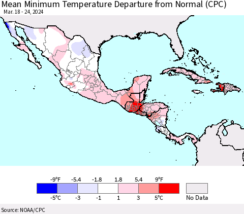 Mexico Central America and the Caribbean Mean Minimum Temperature Departure from Normal (CPC) Thematic Map For 3/18/2024 - 3/24/2024