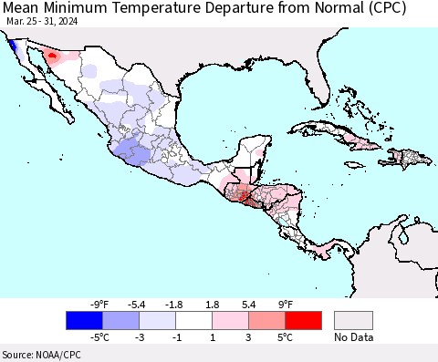 Mexico Central America and the Caribbean Mean Minimum Temperature Departure from Normal (CPC) Thematic Map For 3/25/2024 - 3/31/2024