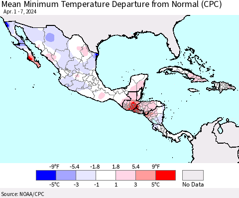 Mexico Central America and the Caribbean Mean Minimum Temperature Departure from Normal (CPC) Thematic Map For 4/1/2024 - 4/7/2024