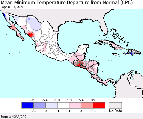 Mexico Central America and the Caribbean Mean Minimum Temperature Departure from Normal (CPC) Thematic Map For 4/8/2024 - 4/14/2024