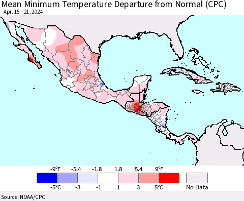 Mexico Central America and the Caribbean Mean Minimum Temperature Departure from Normal (CPC) Thematic Map For 4/15/2024 - 4/21/2024