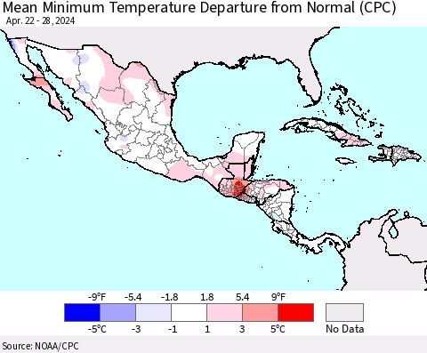Mexico Central America and the Caribbean Mean Minimum Temperature Departure from Normal (CPC) Thematic Map For 4/22/2024 - 4/28/2024