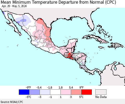 Mexico Central America and the Caribbean Mean Minimum Temperature Departure from Normal (CPC) Thematic Map For 4/29/2024 - 5/5/2024