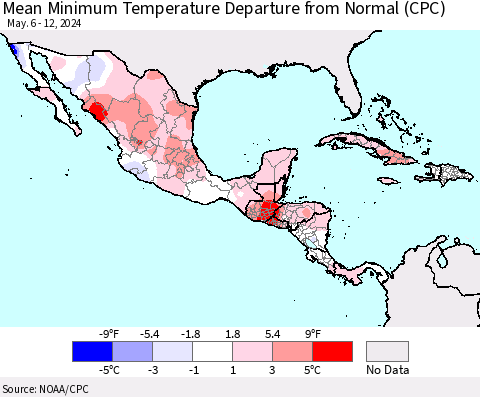 Mexico Central America and the Caribbean Mean Minimum Temperature Departure from Normal (CPC) Thematic Map For 5/6/2024 - 5/12/2024
