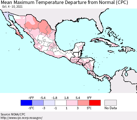 Mexico Central America and the Caribbean Mean Maximum Temperature Departure from Normal (CPC) Thematic Map For 10/4/2021 - 10/10/2021