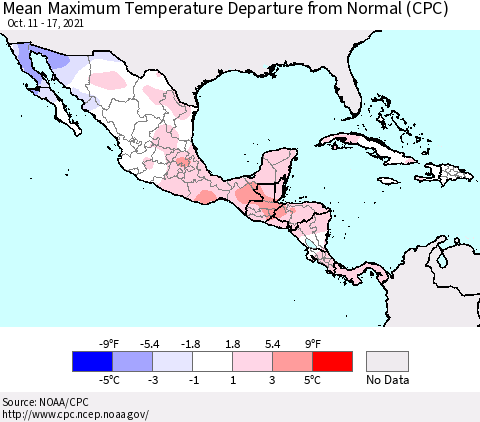 Mexico Central America and the Caribbean Mean Maximum Temperature Departure from Normal (CPC) Thematic Map For 10/11/2021 - 10/17/2021