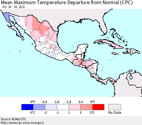 Mexico Central America and the Caribbean Mean Maximum Temperature Departure from Normal (CPC) Thematic Map For 10/18/2021 - 10/24/2021